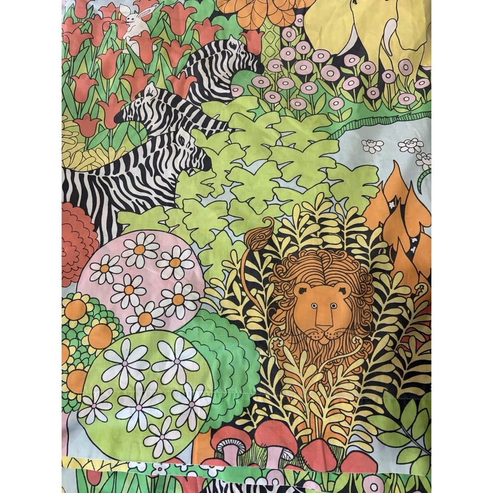 VTG 1970s Stevens Utica Botanical Zoo Jungle Flat Sheet 81x104 psychedelic Rare